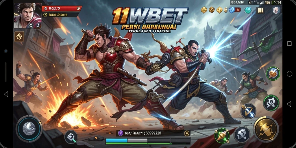 Screenshot utama 11WBET menampilkan pertarungan seru antara karakter di arena.