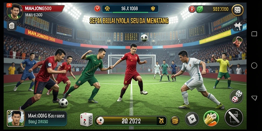 Tampilan gameplay seru dari MAHJONG500 yang penuh aksi sepak bola.
